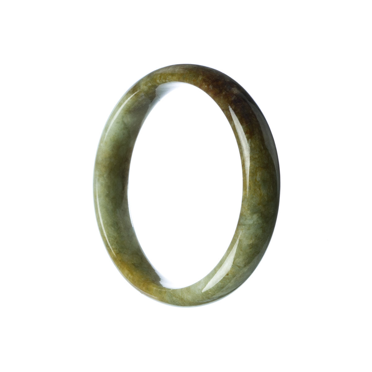 A half moon-shaped, genuine natural jade bangle in shades of green and brown from MAYS™.