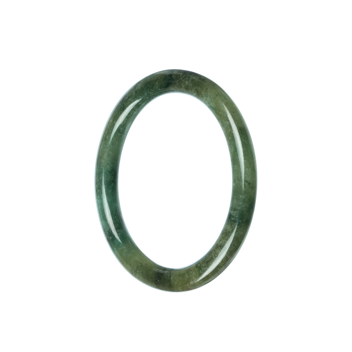 A close-up shot of a small, round green jadeite bangle bracelet on a white background.