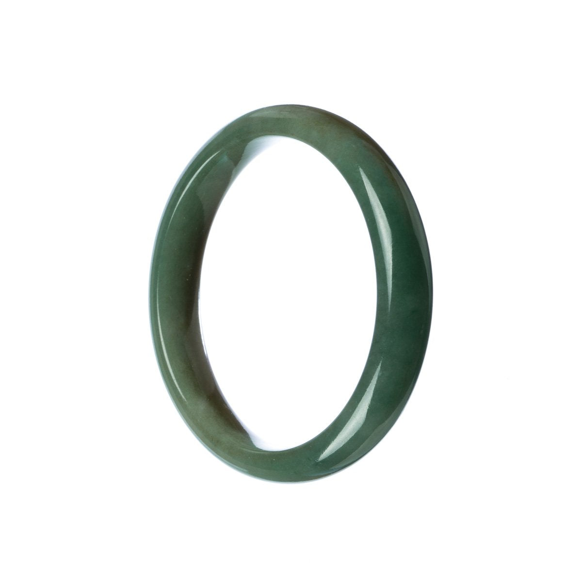 A close-up image of a half moon-shaped green jade bangle bracelet, showcasing its authentic grade A quality. The bracelet has a smooth and polished surface, with vibrant shades of green. The jade stone is believed to bring harmony, balance, and protection to the wearer.