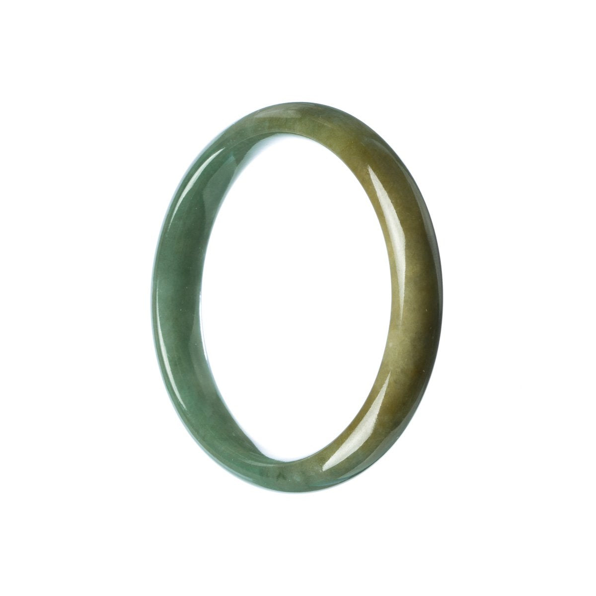 A green traditional jade bracelet with a half-moon shape, measuring 57mm. Certified Type A grade. Sold by MAYS GEMS.