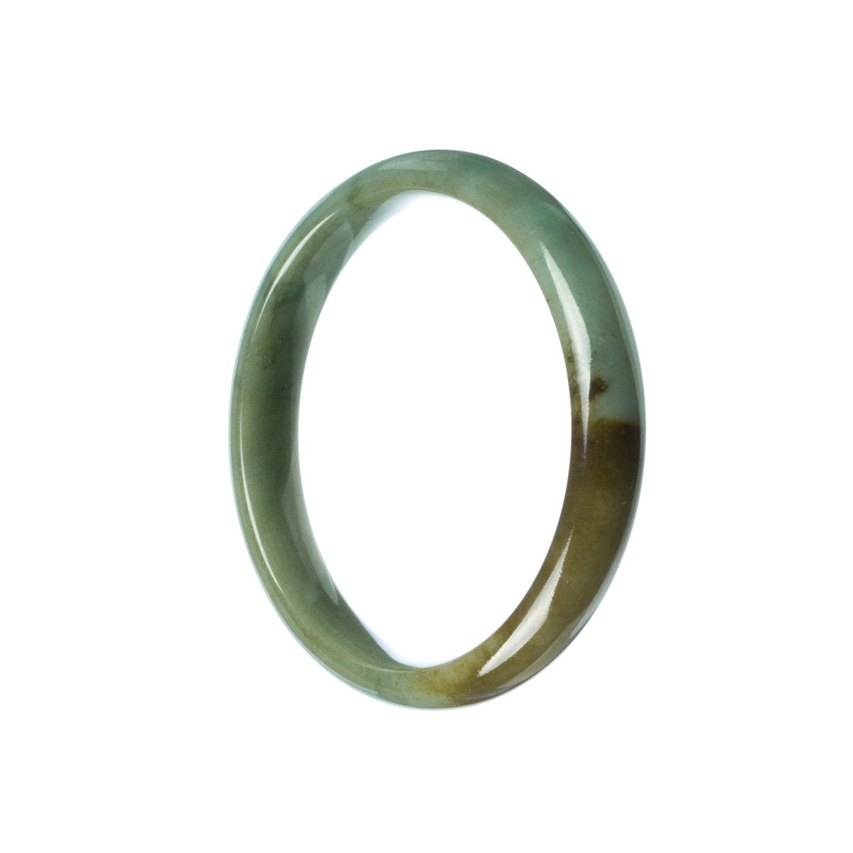 A half moon-shaped, authentic jadeite bangle in a beautiful combination of natural green and brown hues.