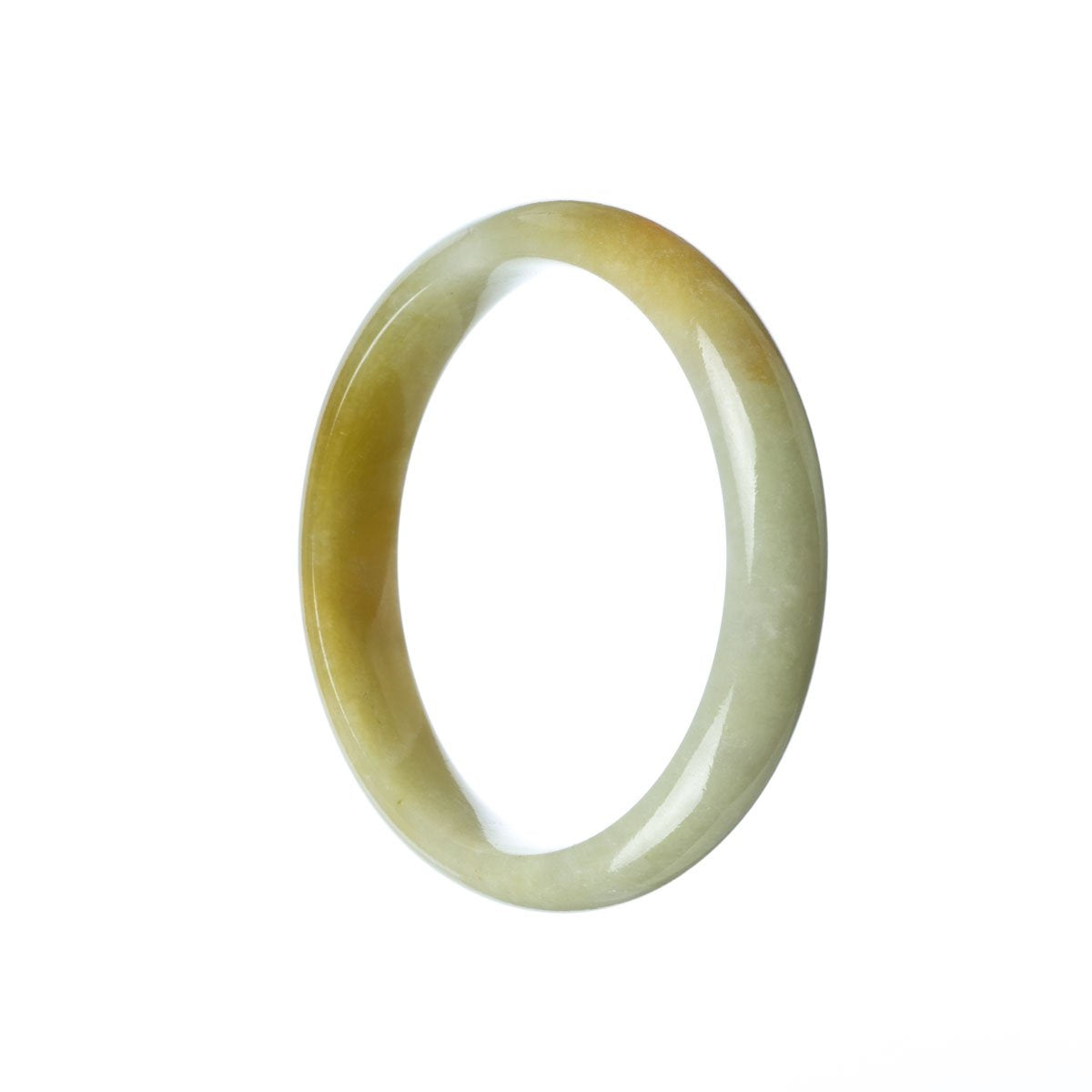 A half-moon shaped, genuine grade A green brown traditional jade bangle from MAYS GEMS.