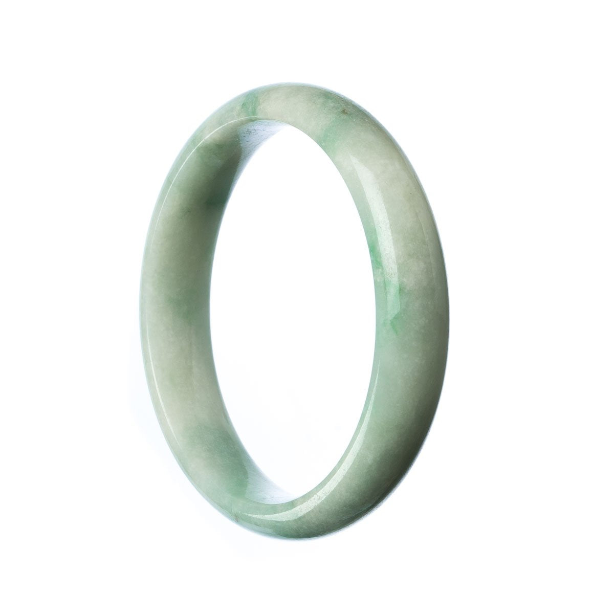 A close-up image of a real grade A pale green jadeite bangle with a 57mm diameter, featuring a half-moon shape. This exquisite piece of jewelry from MAYS is beautifully crafted and showcases the natural beauty of jadeite.