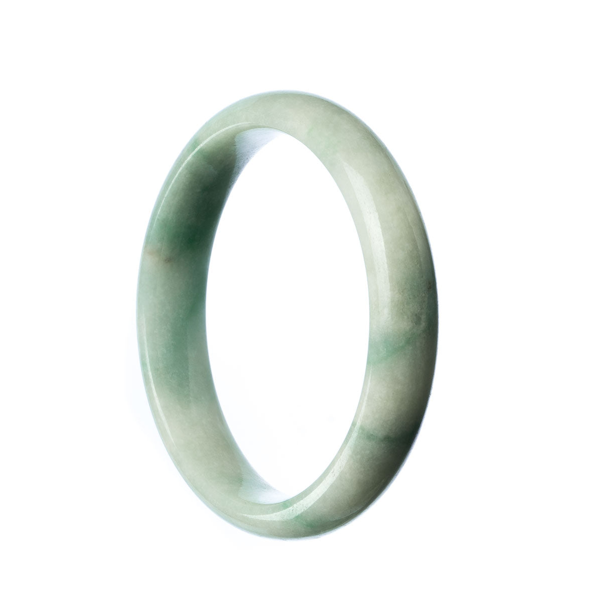 A pale green Burmese jade bracelet with a 57mm half moon shape, featuring untreated, authentic jade stones.