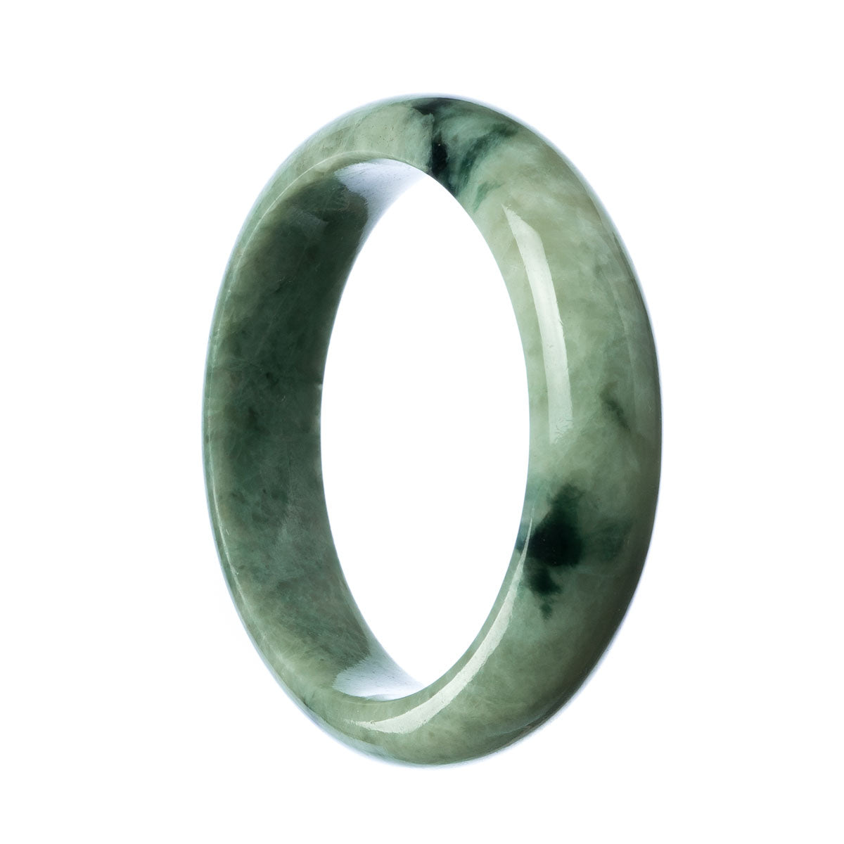 A close-up image of an Authentic Grade A Green Jadeite Jade Bangle in a 59mm Half Moon shape. The bangle is made of beautiful green jadeite with a smooth and polished surface. It is a high-quality piece of jewelry from the brand MAYS™.