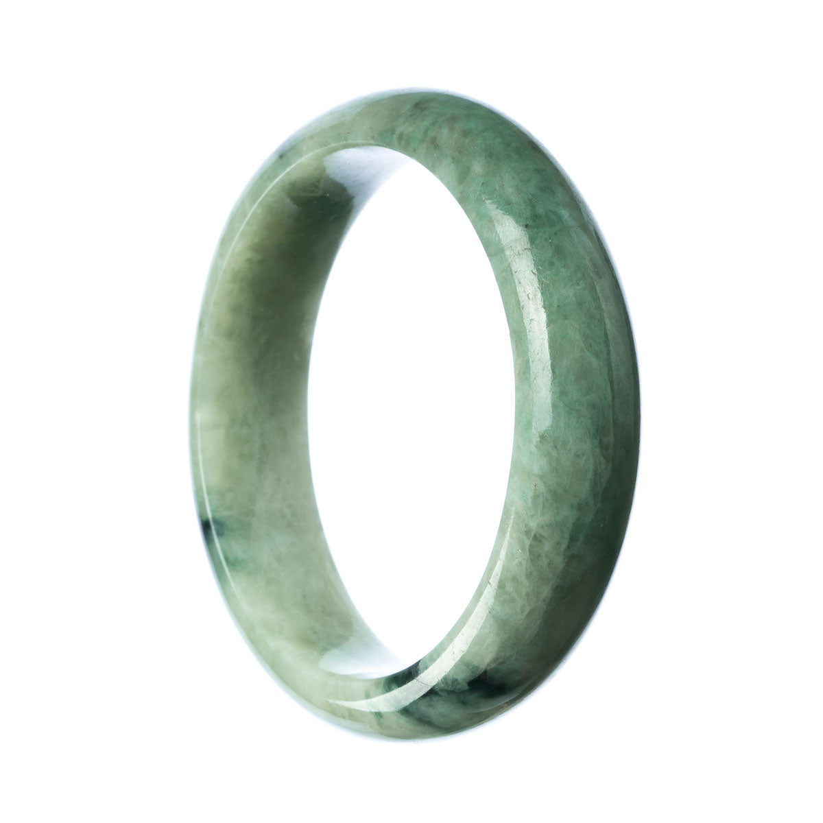 A close-up image of a half moon-shaped green jade bangle made of Grade A quality. The smooth surface and vibrant green color of the bangle are visible, showcasing its elegance and beauty.