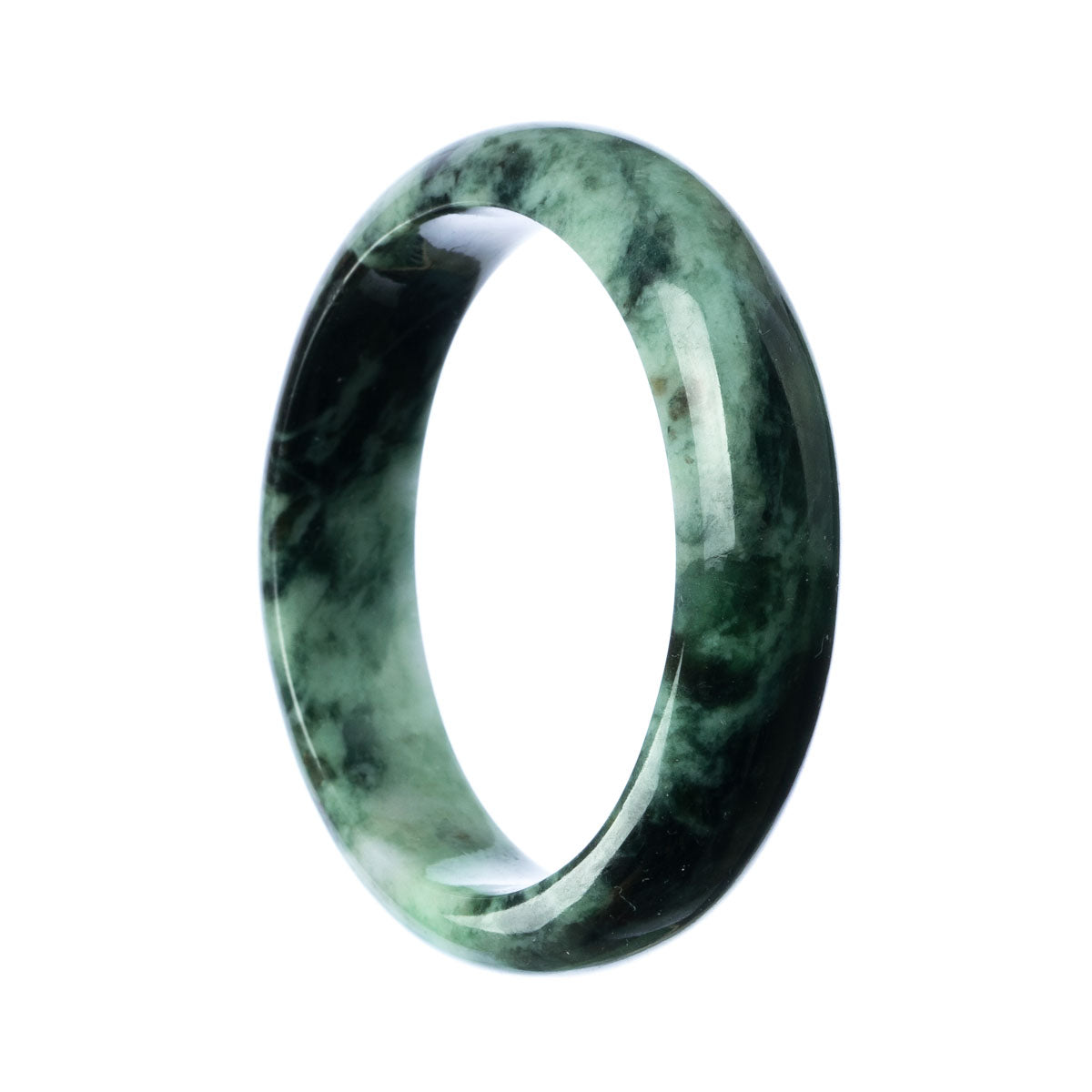 A stunning half moon-shaped bracelet made from genuine Grade A Green Jadeite Jade, measuring 58mm in size. Designed by MAYS.